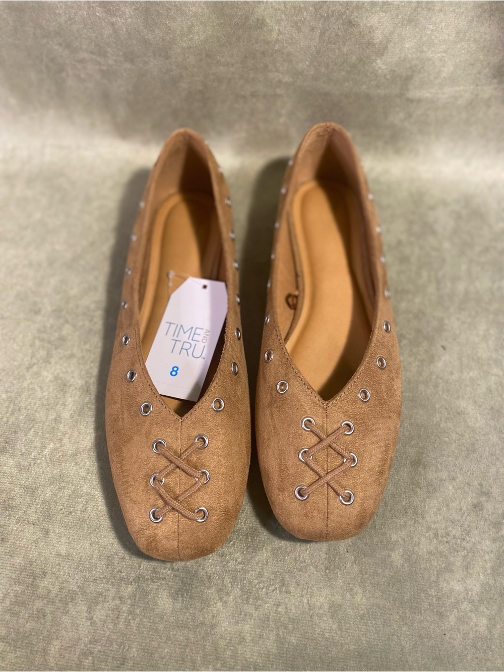 Time and Tru Women's Tan Suede Lace-Up Ballet Flats